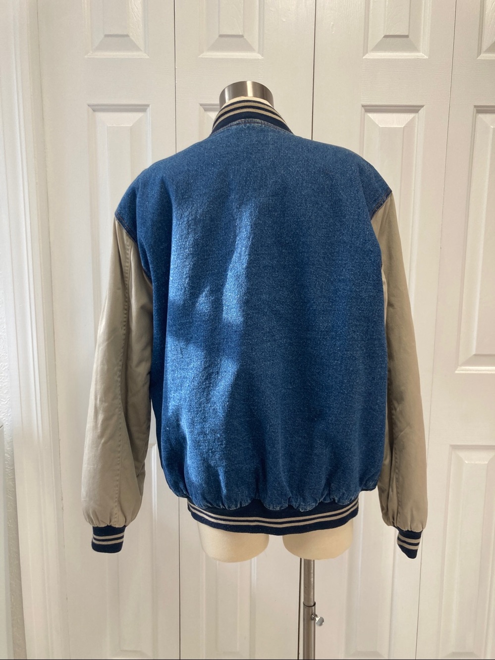 Vintage Blue Denim Bomber Jacket with Tan Sleeves - Picture 7 of 14